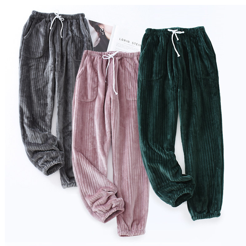 睡裤男女士秋冬天保暖法兰绒收口长裤宽松大码加绒珊瑚绒家居睡裤
