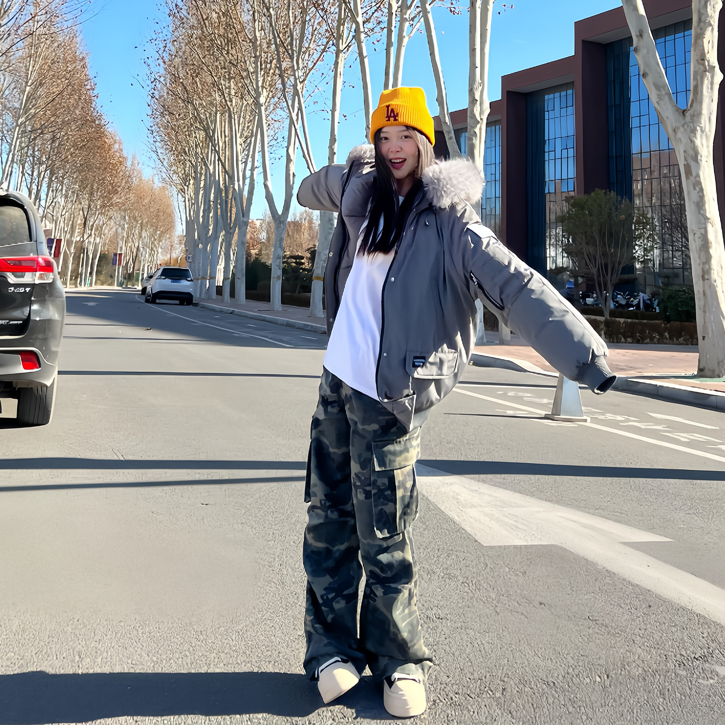 美式酷飒大毛领棉服女小个子棉衣