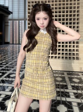 韩系学院风格纹撞色无袖连衣裙女夏季显瘦修身格子减龄时尚单件