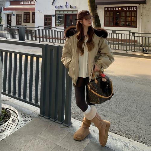 美式复古炸街拉链连帽大毛领棉服