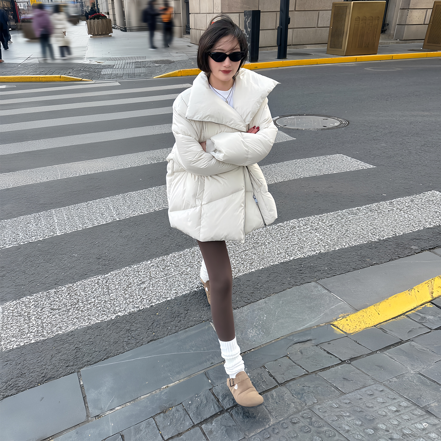 米白色翻领宽松棉服保暖棉衣外套