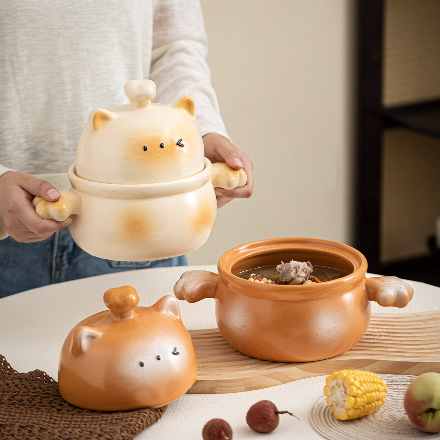 猫咪双耳砂锅煲仔陶瓷炖锅家用煲汤锅耐高温燃气灶专用创意煲粥锅