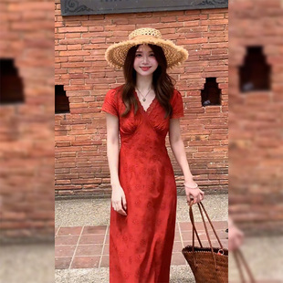 收腰顯瘦長裙時尚 復古洋氣紅色v領短袖 新款 女裝 連衣裙女2025夏季