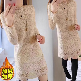 中长款加绒连衣裙女长袖秋冬新款大码加厚上衣蕾丝打底衫t恤裙