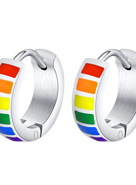 彩虹耳圈圆形哑铃耳环黑色彩旗钛钢耳夹五角星C形三角形耳钉PE012