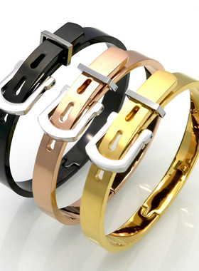 欧美皮带扣男钛钢手镯开口可调节镶钻钢丝扭线珍珠黑绳手环XL271