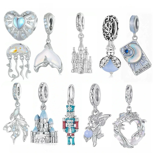 通体S925纯银diy串珠吊坠水晶手链配件斗鱼鱼尾水母塔罗牌项链新