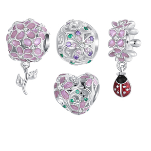 粉色花朵爱心串珠925纯银珠子瓢虫雏菊藤蔓散珠diy手链饰品配件