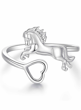 原创s925纯银爱马开口戒指中性风骏马爱心戒指手饰小众设计个性