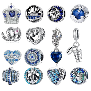 925纯银原创珠子串珠大孔配件蓝色diy手链灵蛇雪花海洋星空吊坠女