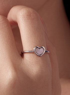 通体s925纯银开口戒指首饰粉色爱心贝母开口戒指甜美少女心日常