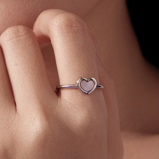 通体s925纯银开口戒指首饰粉色爱心贝母开口戒指甜美少女心日常