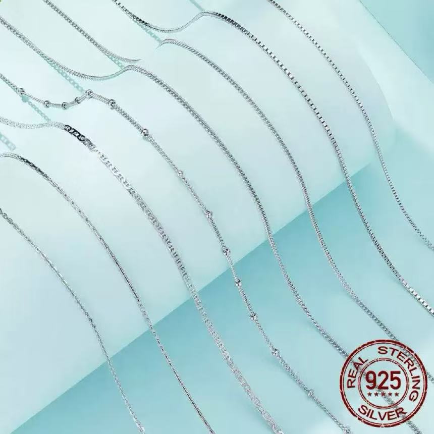 s925纯银镀白金DIY基础项链单链欧美简约盒子蛇骨链项链轻奢首饰