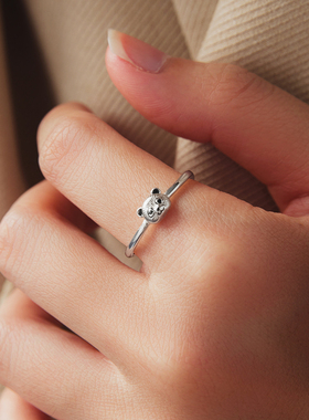 原创可爱熊猫开口戒指俏皮灵动s925纯银动物戒指手饰小众设计女