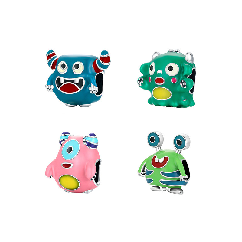 萌趣怪兽串珠 原创风格s925纯银珠子绿色卡通散珠diy手链小串饰