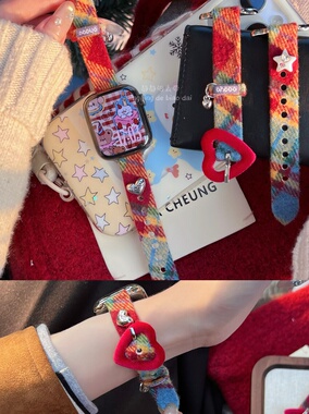 红丝绒爱心扣秋冬彩适用于苹果手表s11代静静的表带iwatch10987s