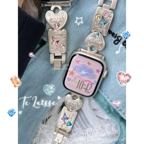 星光色锆石爱心锁手镯静静的表带