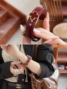 金标四叶花扣真皮细适用于苹果手表s11代静静的表带iwatch10987s