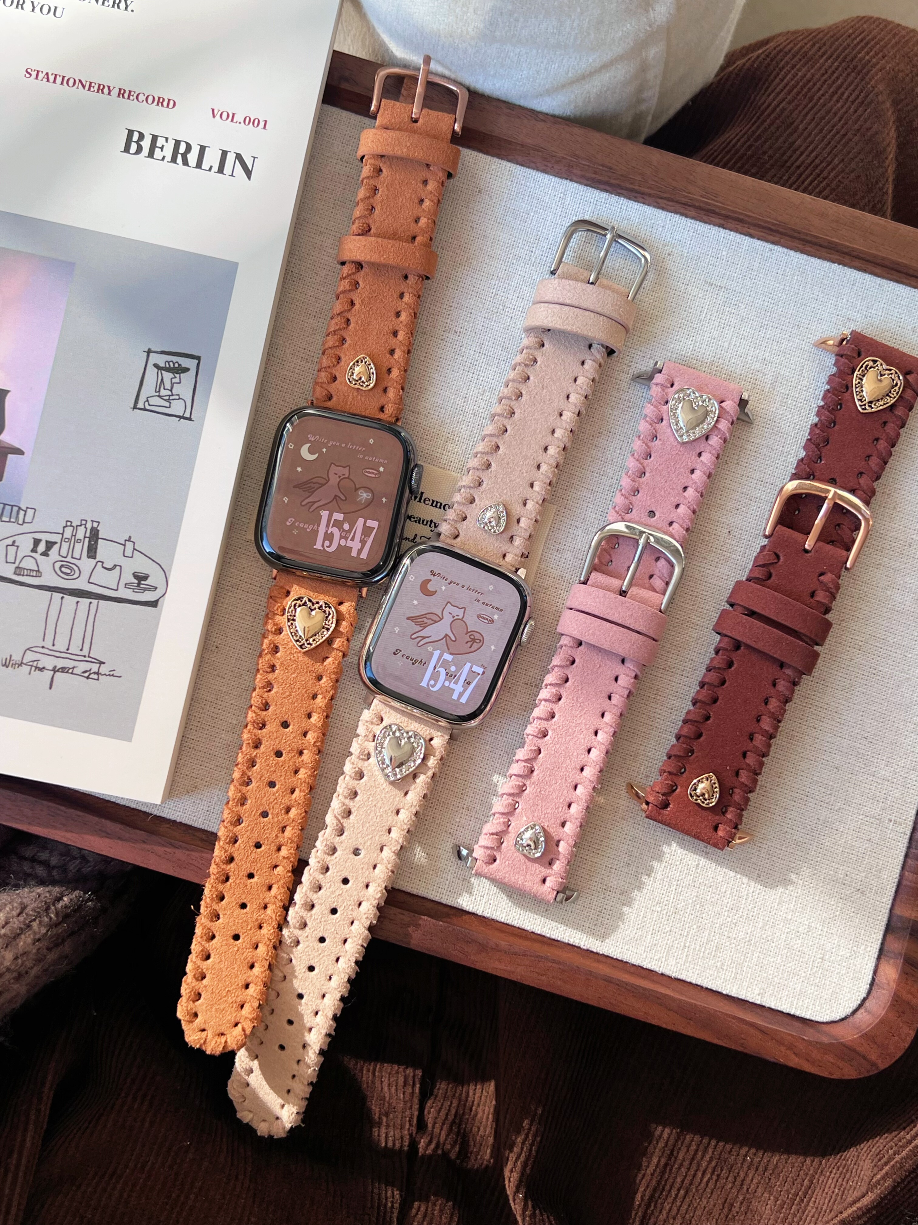 爱心钉手工缠边真皮翻毛绒苹果手表s11代静静的表带iwatch1097SE
