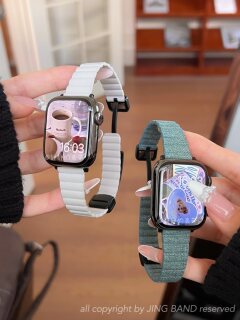 磁吸扣皮质细版牛仔适用于applewatch9苹果s978代654SE静静的表带