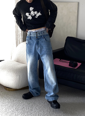 24KHOMME X JUUNPET双腰头设计感高腰牛仔裤水洗宽松直筒长裤春夏