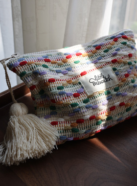 美摘彩色毛线编织化妆包高级感内胆包大容量便携出差洗漱包收纳袋