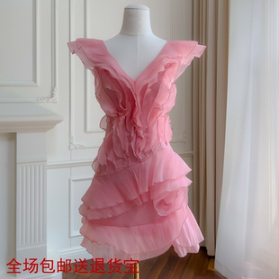轻奢气质V领修身 法式 显瘦荷叶边收腰宴会小礼服甜美风连衣裙