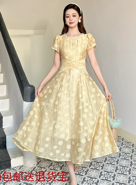 法式波点连衣裙2025新款夏季女设计感裙子收腰显瘦过膝长裙45203