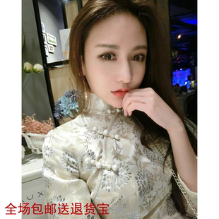 中国风短款 长袖 香槟色银丝旗袍修身 少女人味年轻款 中式 改良春秋季
