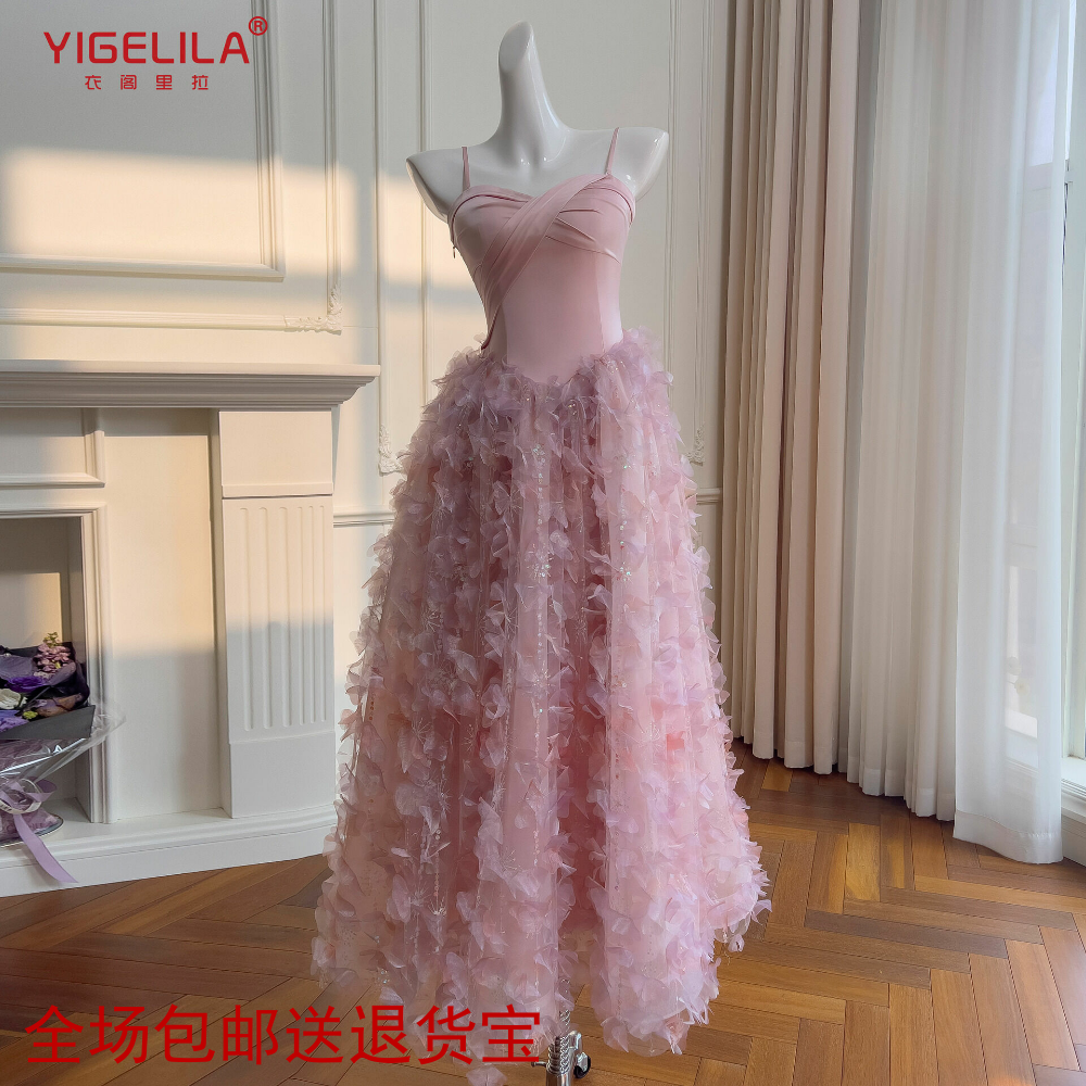 法式粉色敬酒服公主裙仙女风晚礼服抹胸吊带连衣裙轻奢名媛长裙