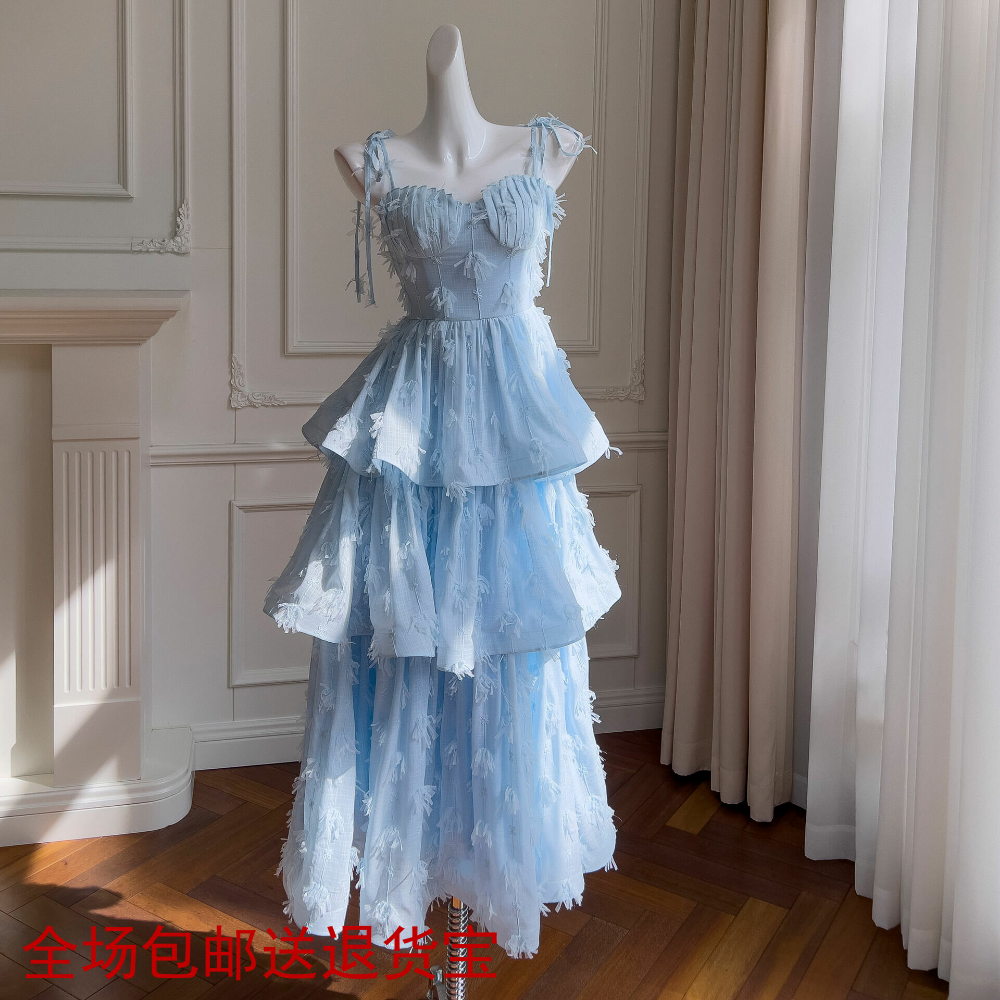 法式2025雪纺盘带绣小礼服优雅甜美蓝色连衣裙收腰吊带蛋糕长裙