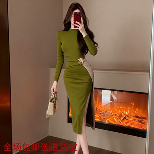 秋冬装新款女装法式气质设计感撞色拼接修身包臀连衣裙内搭21954