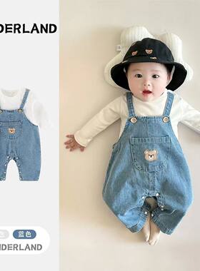 婴幼儿春秋背带裤套装宝宝软牛仔连体衣超萌外出服