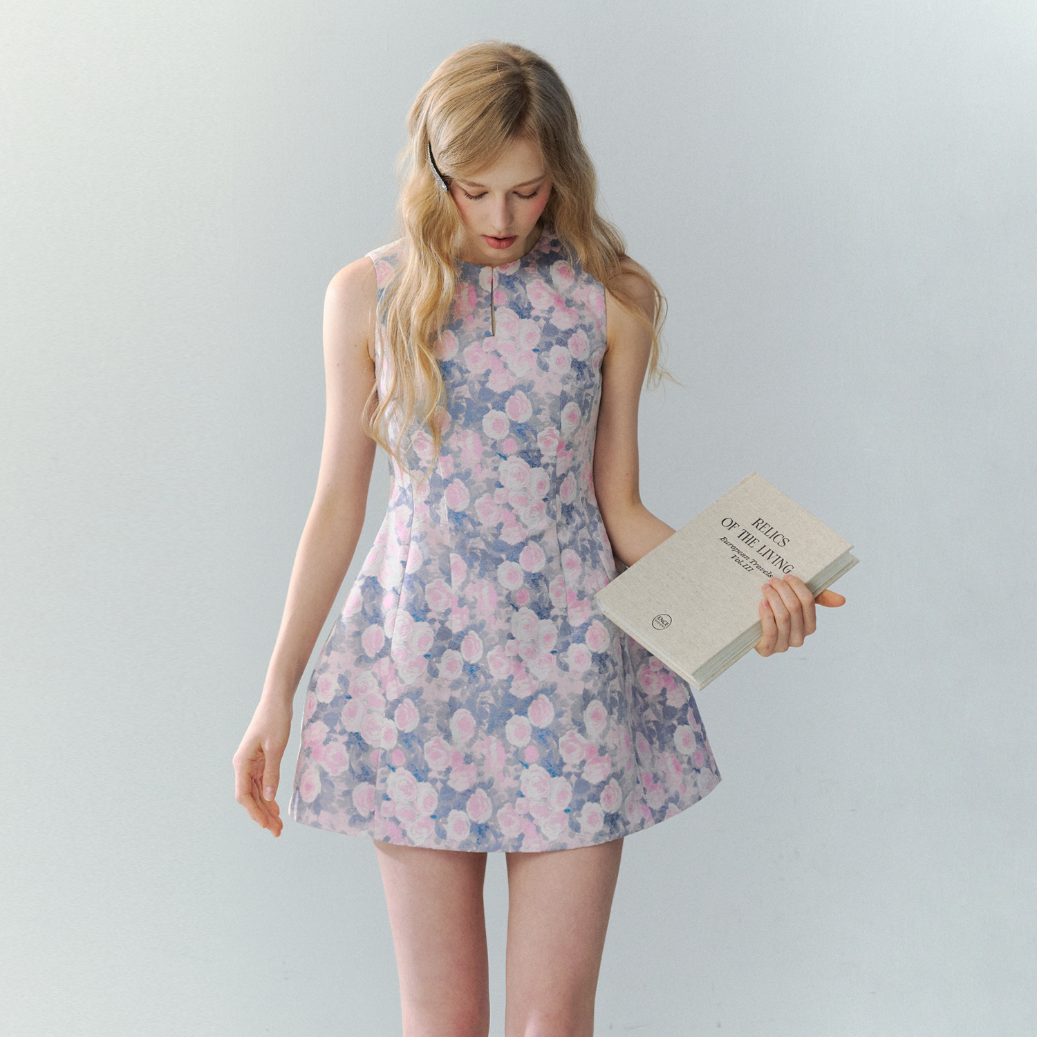 SOURGRAPE葡萄不太酸 粉紫色玫瑰碎花无袖千金风收腰显瘦连衣裙夏