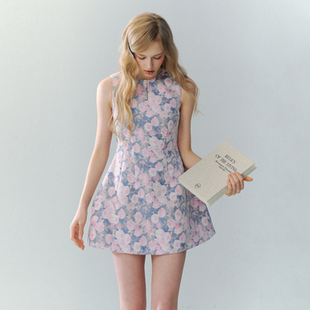 SOURGRAPE葡萄不太酸 千金风收腰显瘦连衣裙夏 粉紫色玫瑰碎花无袖