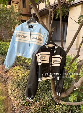 CMEMM2026春季新款韩版时尚气质拼色剌绣字母夹克皮衣外套A10023