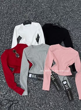 DL家2026春季新款韩版时尚气质圆领短款垫肩长袖T恤打底衫女8005