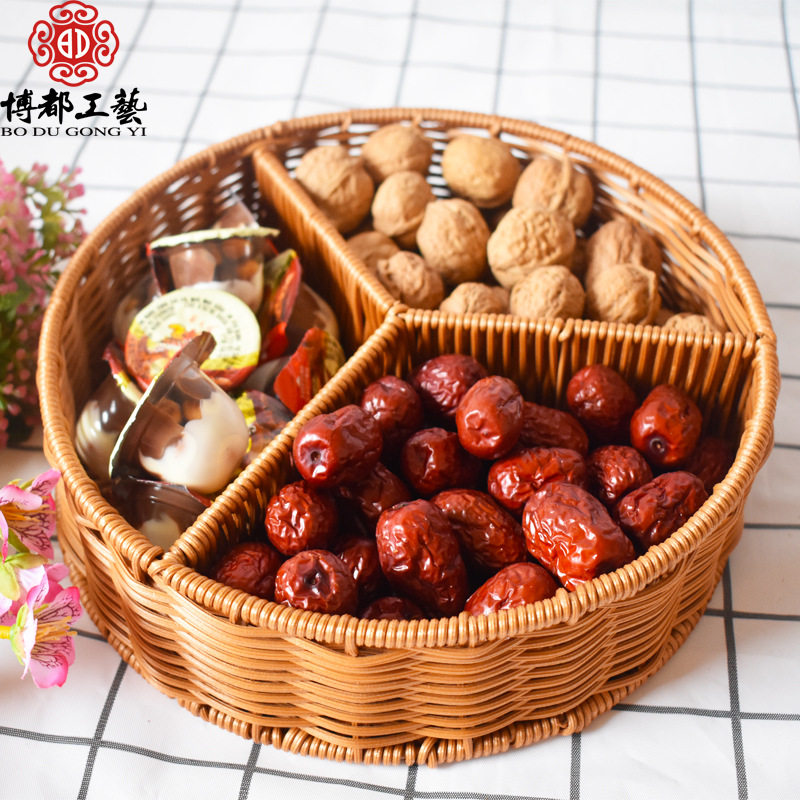 仿藤编织零食分格篮圆形加固收纳