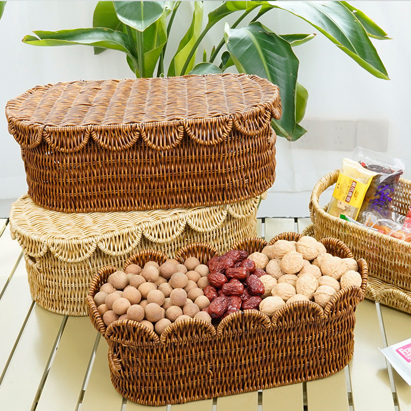 创意手工仿藤编带盖花边装饰果篮