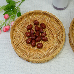 越南藤编手工编织水果篮零食茶点盘藤制圆盘茶托盘茶点点心篮圆托