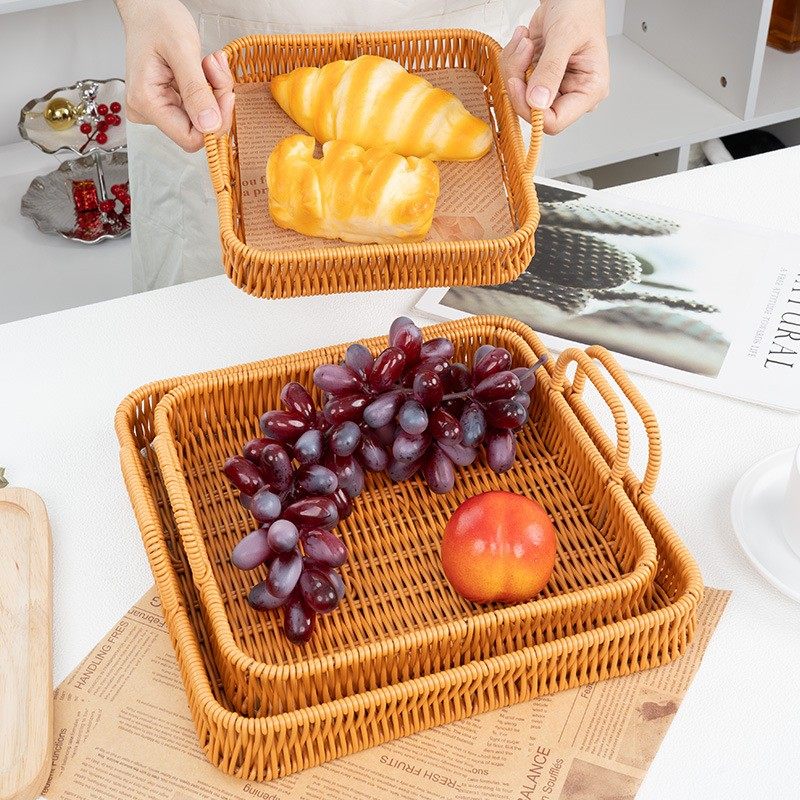 亚马逊藤编双耳托盘客厅家用收纳筐方形水果盘日式面包篮馒头筐,餐饮具,餐用托盘,淘宝优惠券,粉丝福利购,淘宝优惠卷
