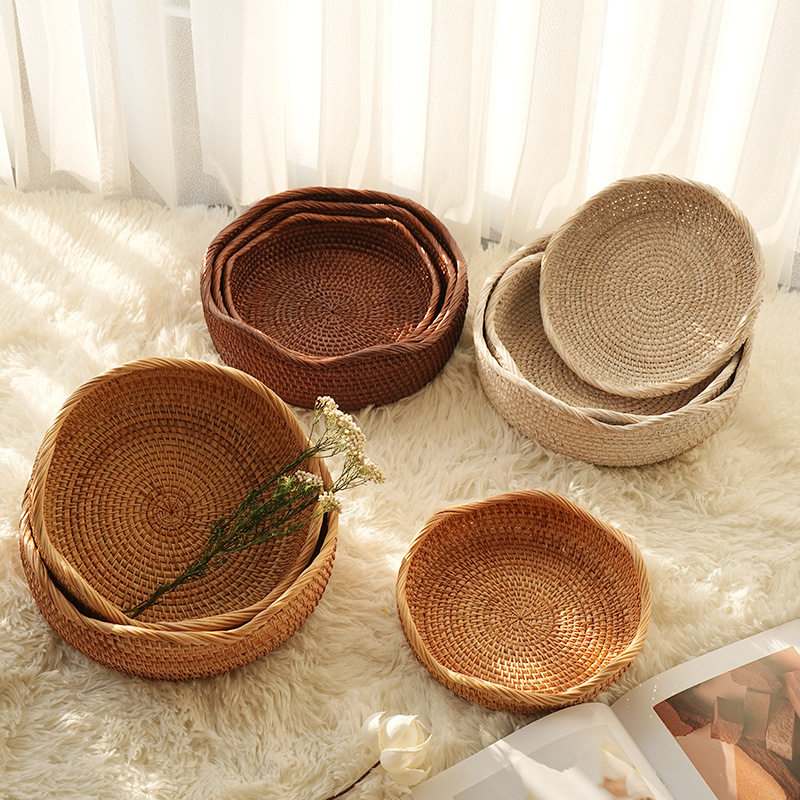 越南藤编织水果盘收纳筐轻奢桌面茶几杂物小圆零食干果美式收纳筐