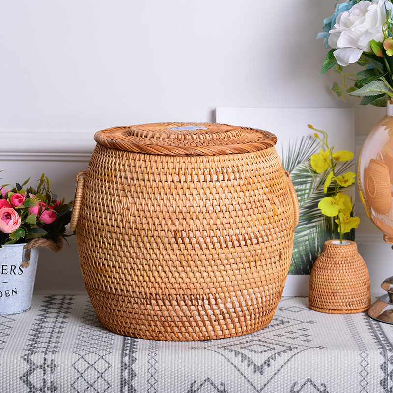 越南纯手工秋藤编织盒收纳茶叶鼓