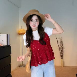 短袖 女夏装 T恤显瘦百搭上衣两件套2599 波点拼接吊带衫 韩版