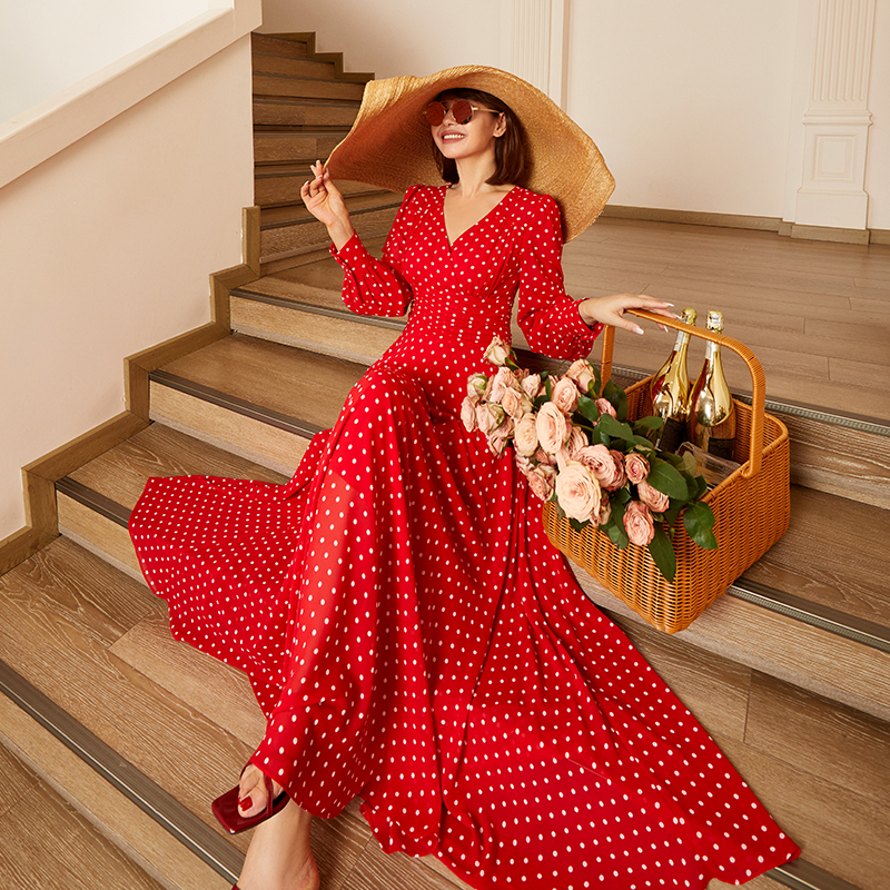 春上新正红色波点加长款连衣裙法式V领高腰大摆礼服裙女71936