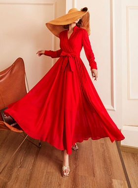 法式轻奢定制高级感优雅精致红色长款连衣裙 70688