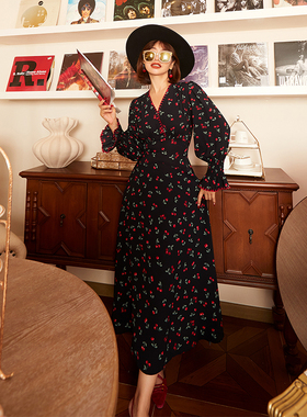 法式浪漫轻奢黑色车厘子印花长袖茶歇裙刺绣立裁显瘦连衣裙 70618