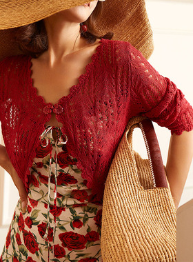 夏季薄款镂空长袖法式气质小开衫百搭针织罩衫短上衣女 8405