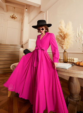 法式轻奢定制 设计师款高级火龙果色法式连衣裙 70688