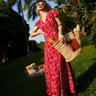 法式茶歇裙A字裙印花印花，绑绳